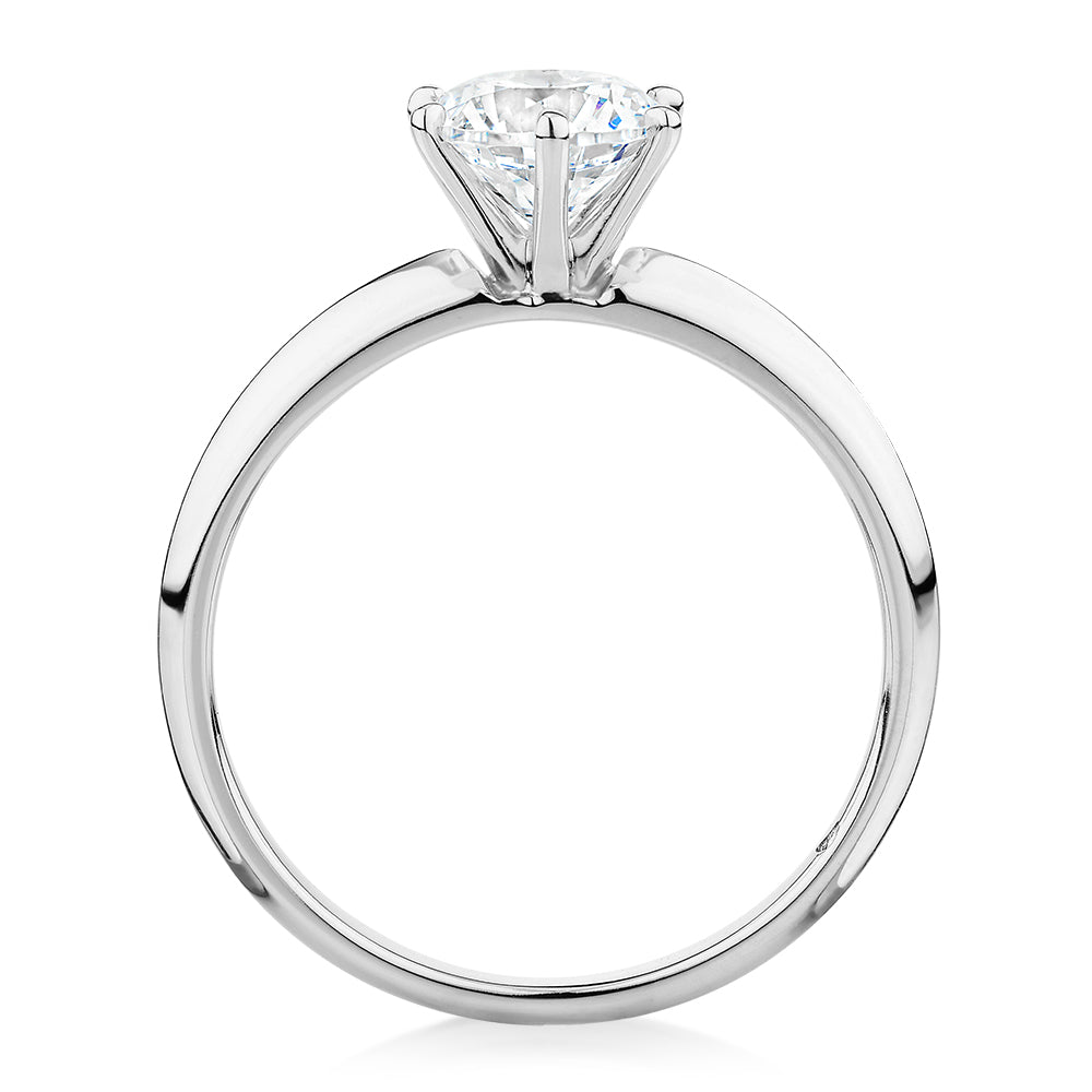 Round Brilliant solitaire engagement ring with 1 carat* diamond simulant in 10 carat white gold