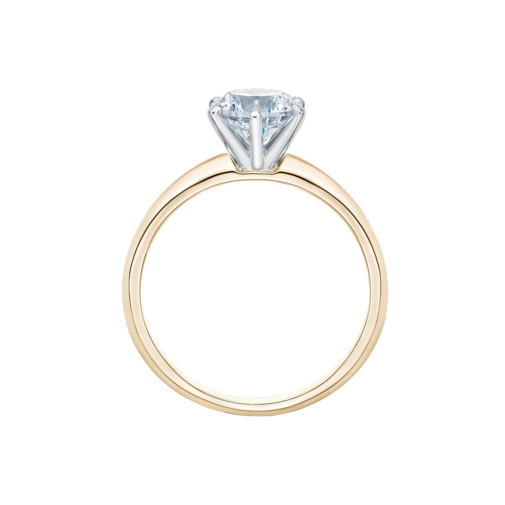 Round Brilliant solitaire engagement ring with 1.25 carat* diamond simulant in 14 carat yellow and white gold