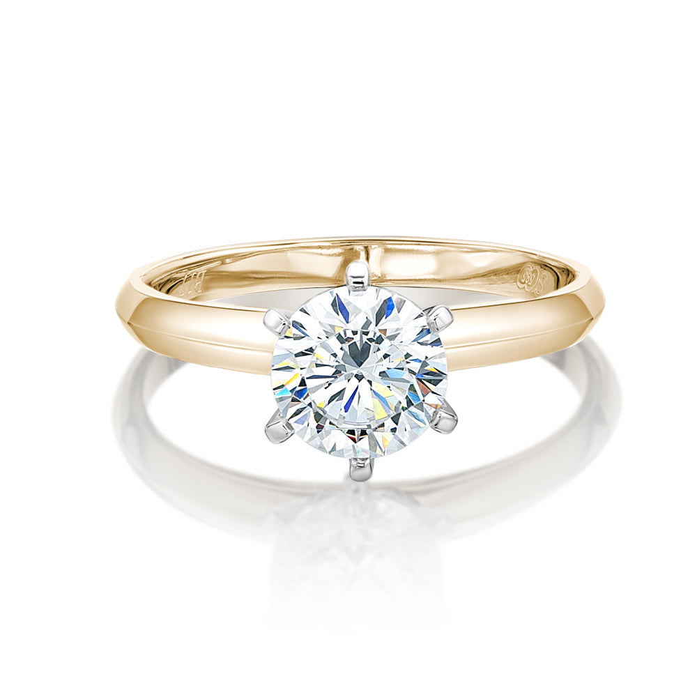 Round Brilliant solitaire engagement ring with 1.25 carat* diamond simulant in 14 carat yellow and white gold
