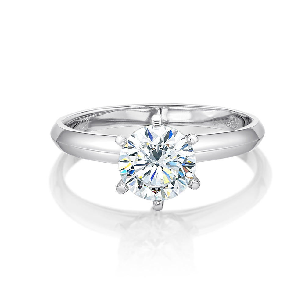 Round Brilliant solitaire engagement ring with 1.25 carat* diamond simulant in 14 carat white gold
