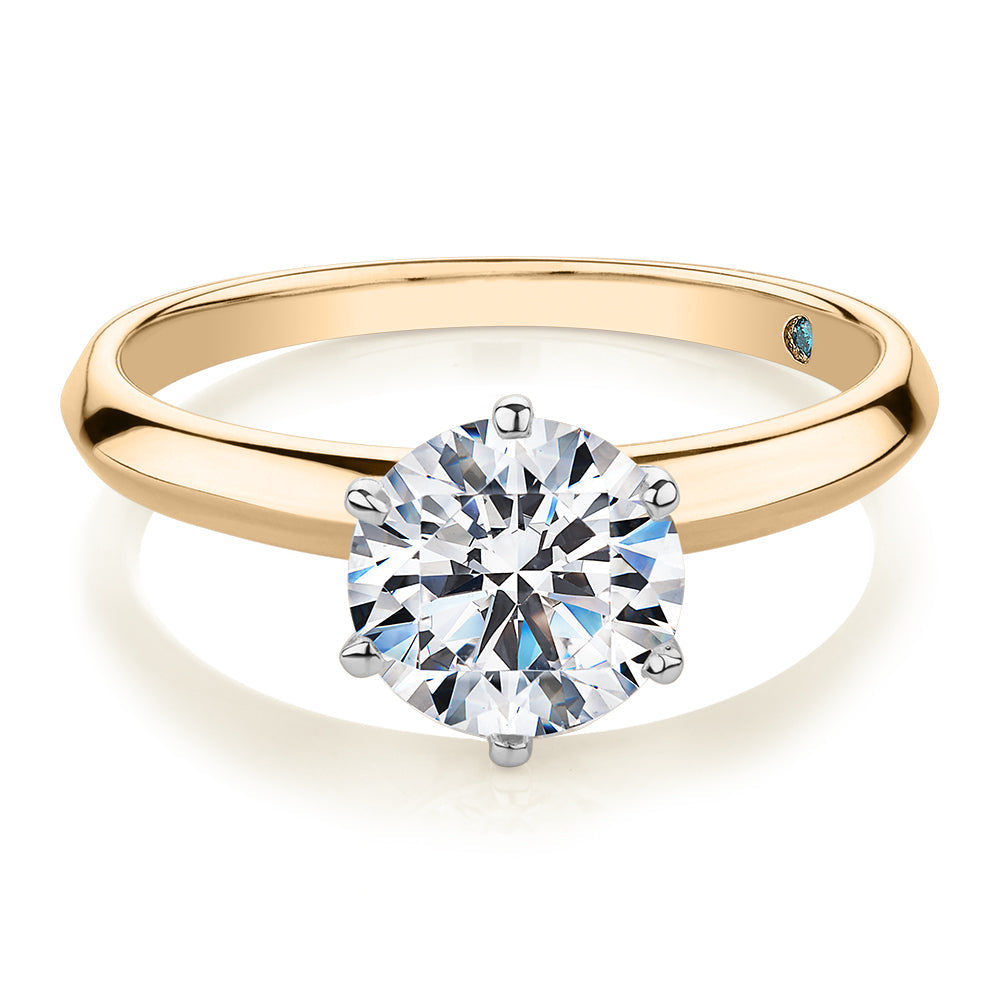 Premium Certified Laboratory Created Diamond, 1.50 carat round brilliant solitaire engagement ring in 14 carat yellow and white gold