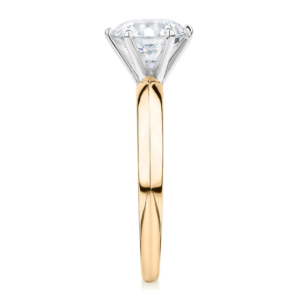 Premium Certified Laboratory Created Diamond, 1.50 carat round brilliant solitaire engagement ring in 14 carat yellow and white gold