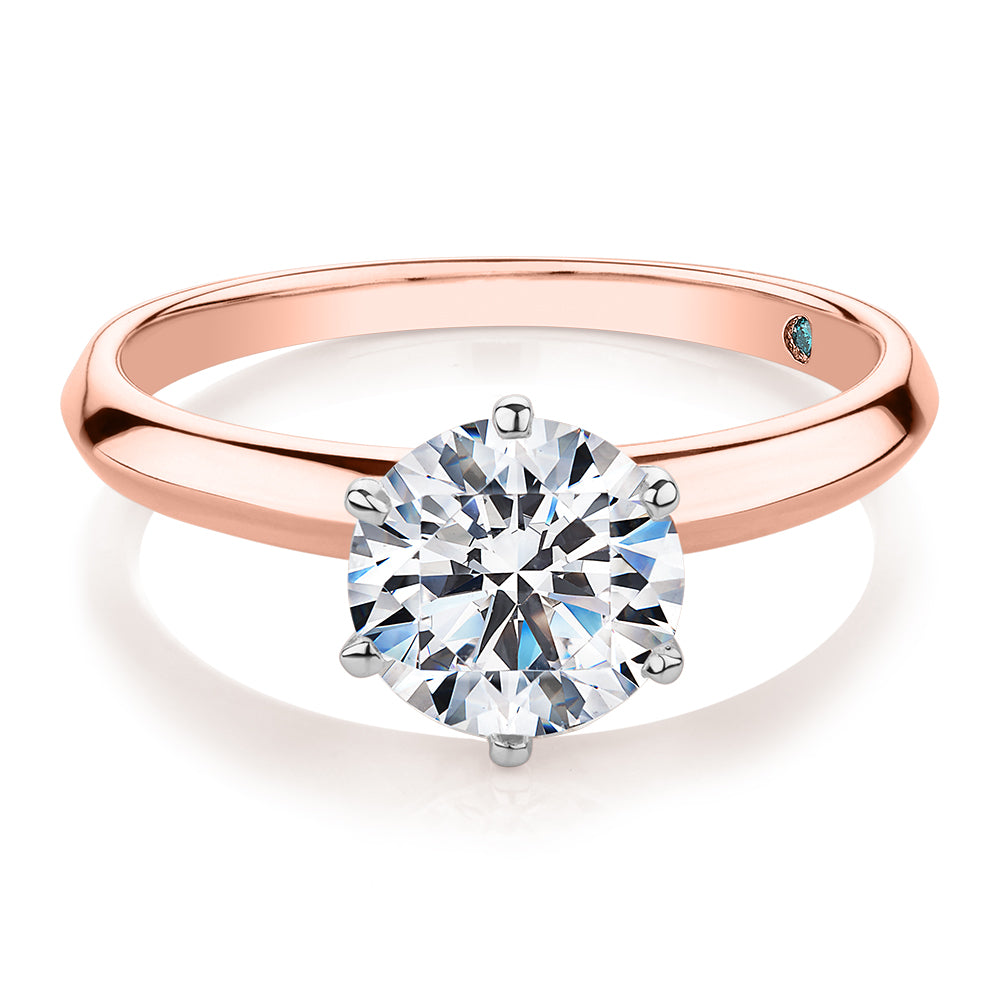 Premium Certified Laboratory Created Diamond, 1.50 carat round brilliant solitaire engagement ring in 14 carat rose and white gold