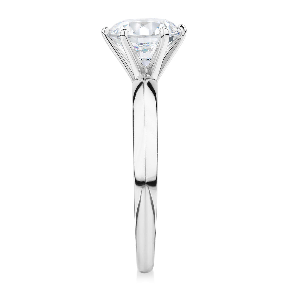 Round Brilliant solitaire engagement ring with 1.5 carat* diamond simulant in 14 carat white gold