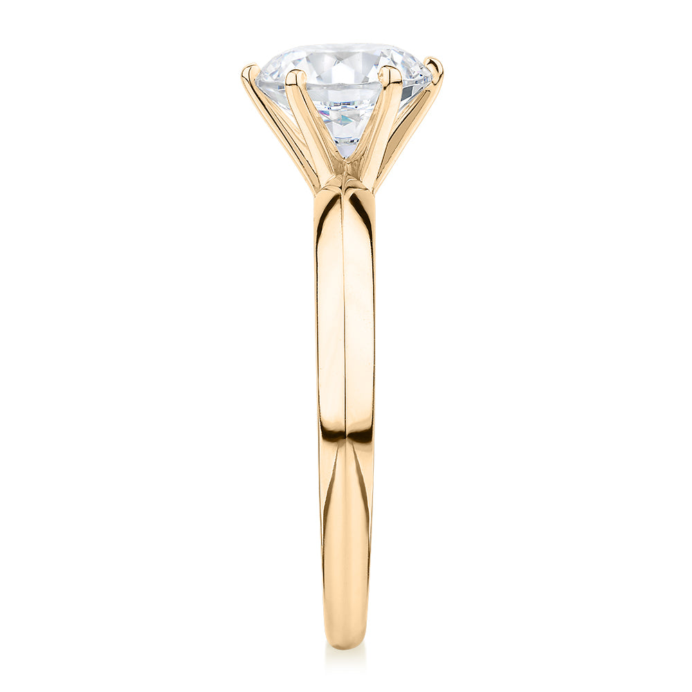 Premium Certified Laboratory Created Diamond, 1.50 carat round brilliant solitaire engagement ring in 14 carat yellow gold