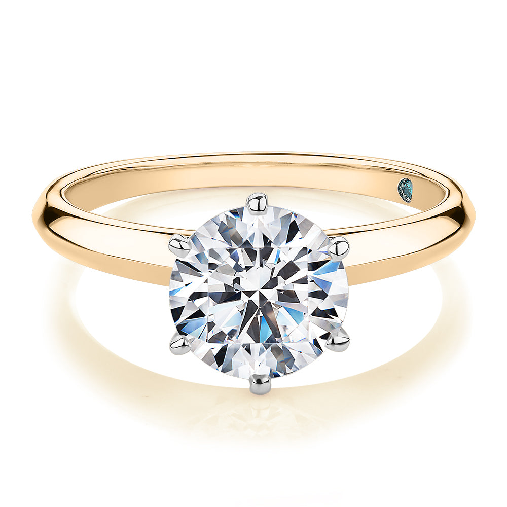 Premium Certified Laboratory Created Diamond, 2.00 carat round brilliant solitaire engagement ring in 14 carat yellow and white gold