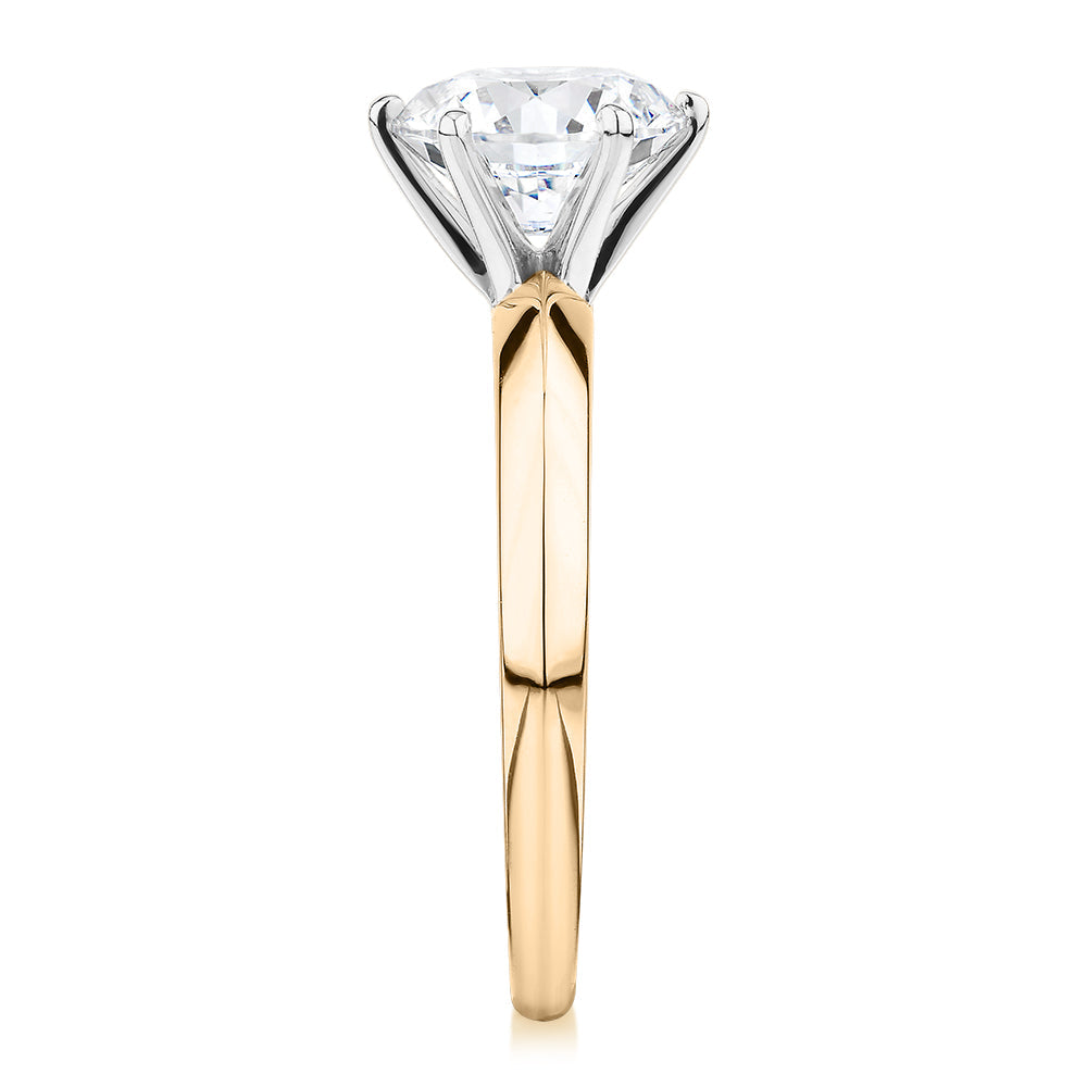 Premium Certified Laboratory Created Diamond, 2.00 carat round brilliant solitaire engagement ring in 14 carat yellow and white gold