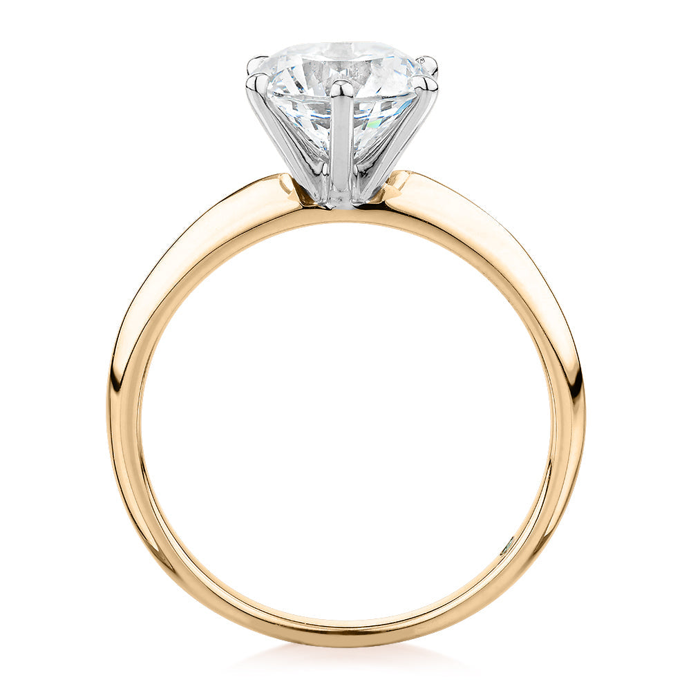 Premium Certified Laboratory Created Diamond, 2.00 carat round brilliant solitaire engagement ring in 14 carat yellow and white gold