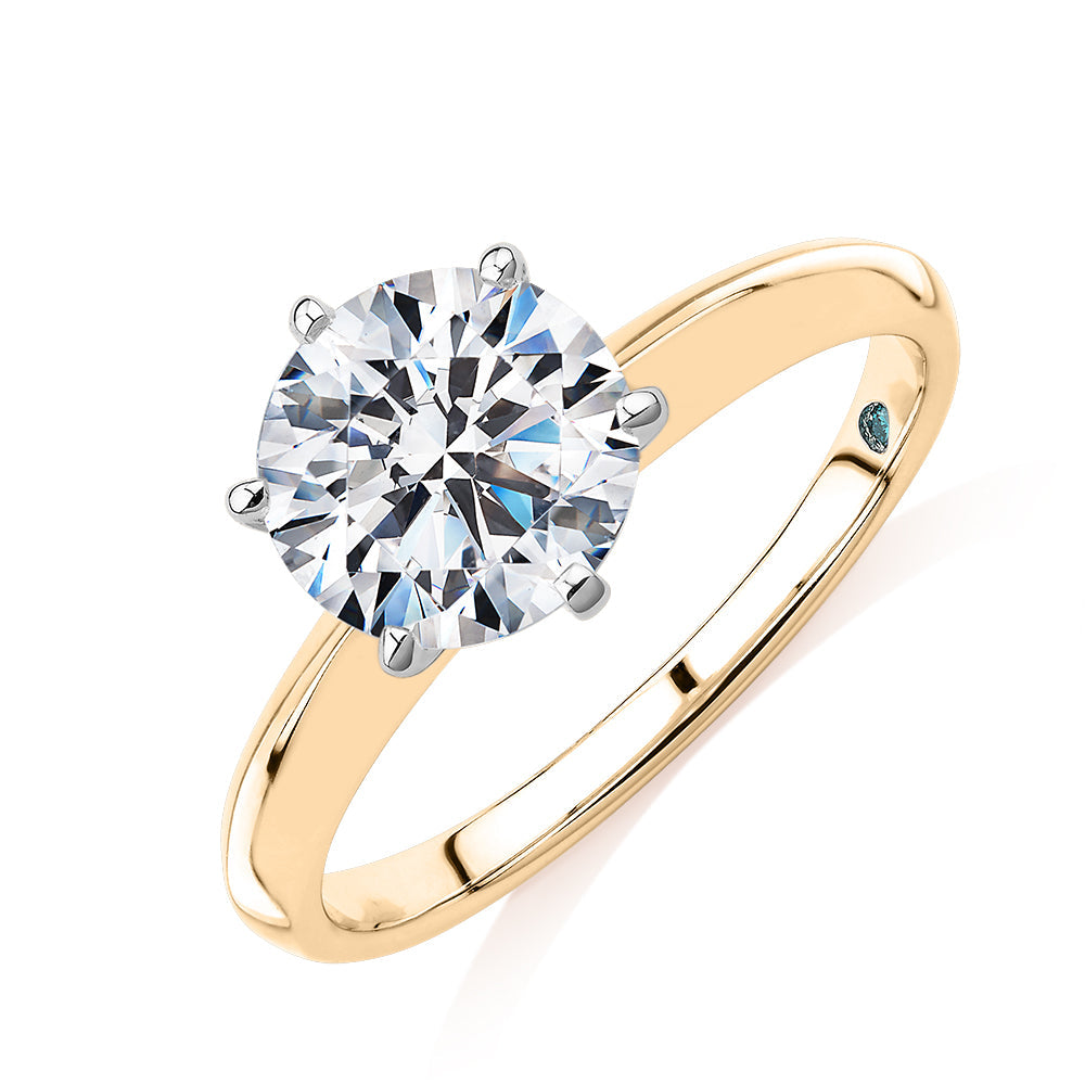 Premium Certified Laboratory Created Diamond, 2.00 carat round brilliant solitaire engagement ring in 14 carat yellow and white gold