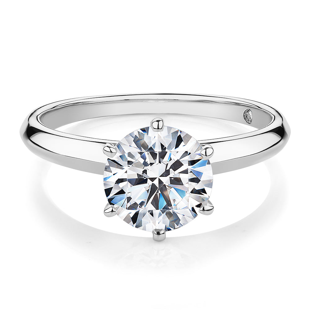 Round Brilliant solitaire engagement ring with 2 carat* diamond simulant in 14 carat white gold