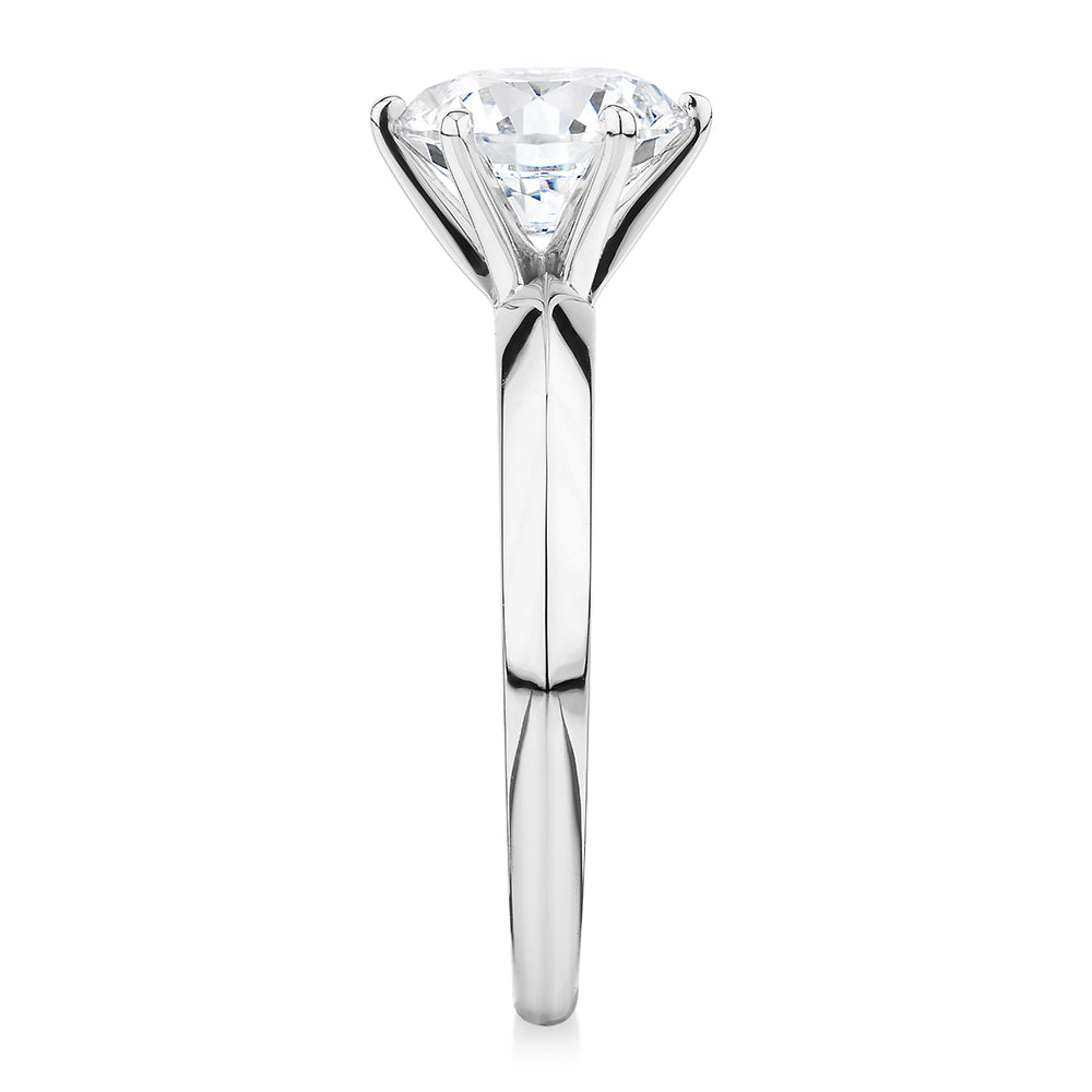 Round Brilliant solitaire engagement ring with 2 carat* diamond simulant in 14 carat white gold