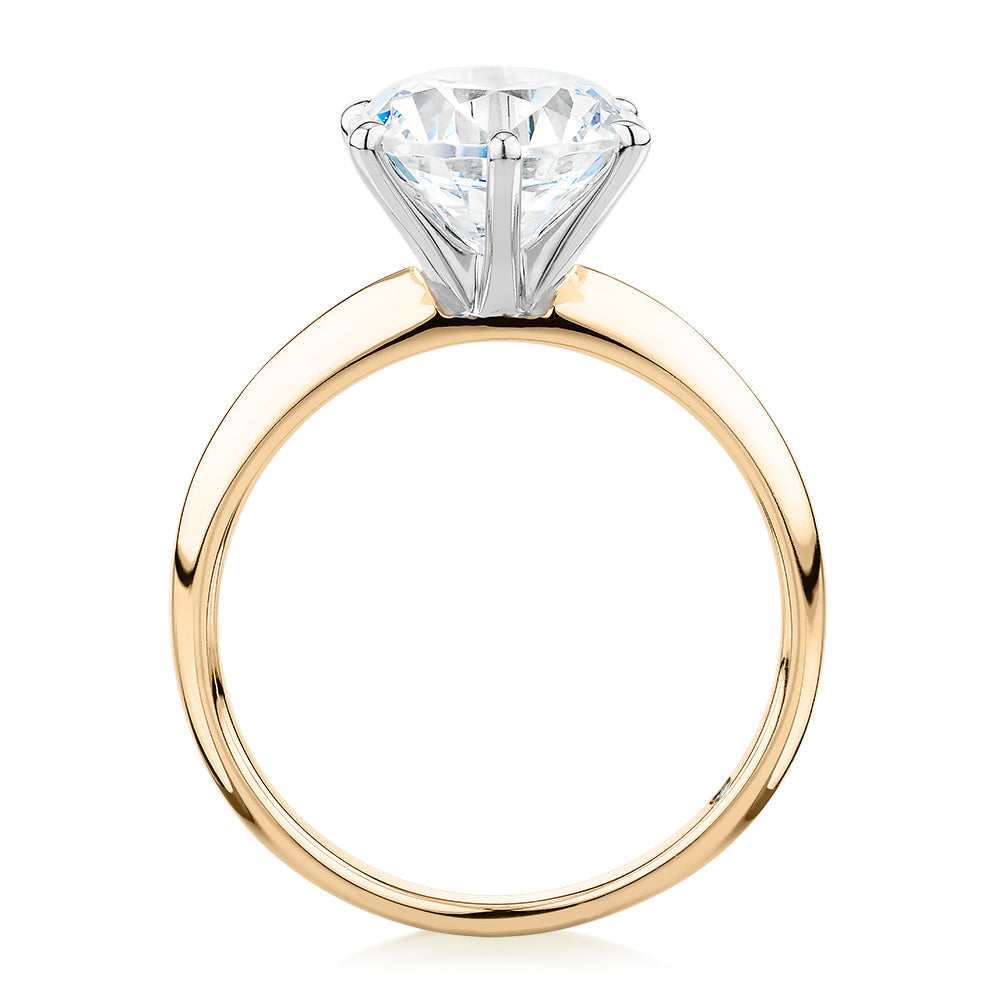 Round Brilliant solitaire engagement ring with 3 carat* diamond simulant in 14 carat yellow and white gold
