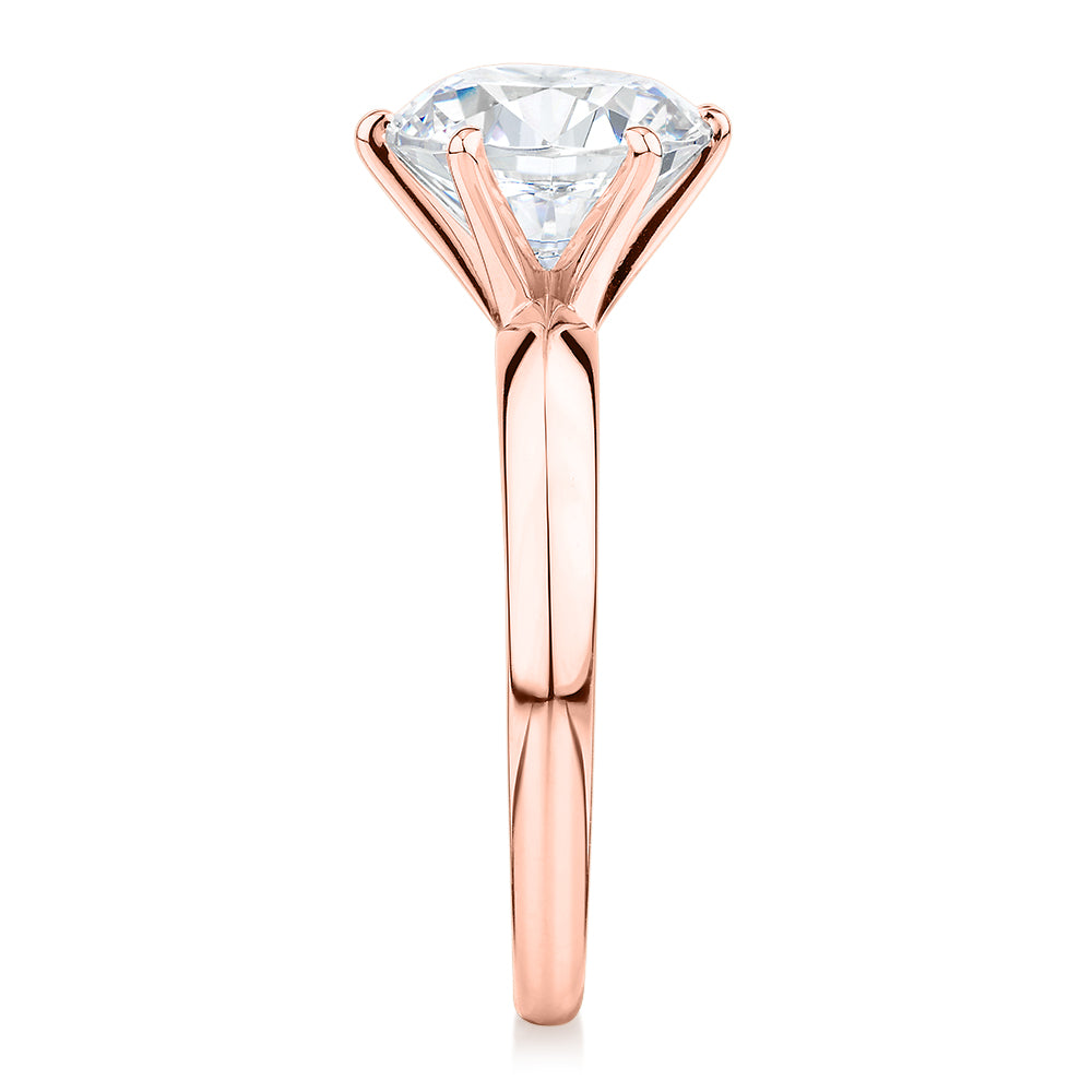 Round Brilliant solitaire engagement ring with 3 carat* diamond simulant in 14 carat rose gold