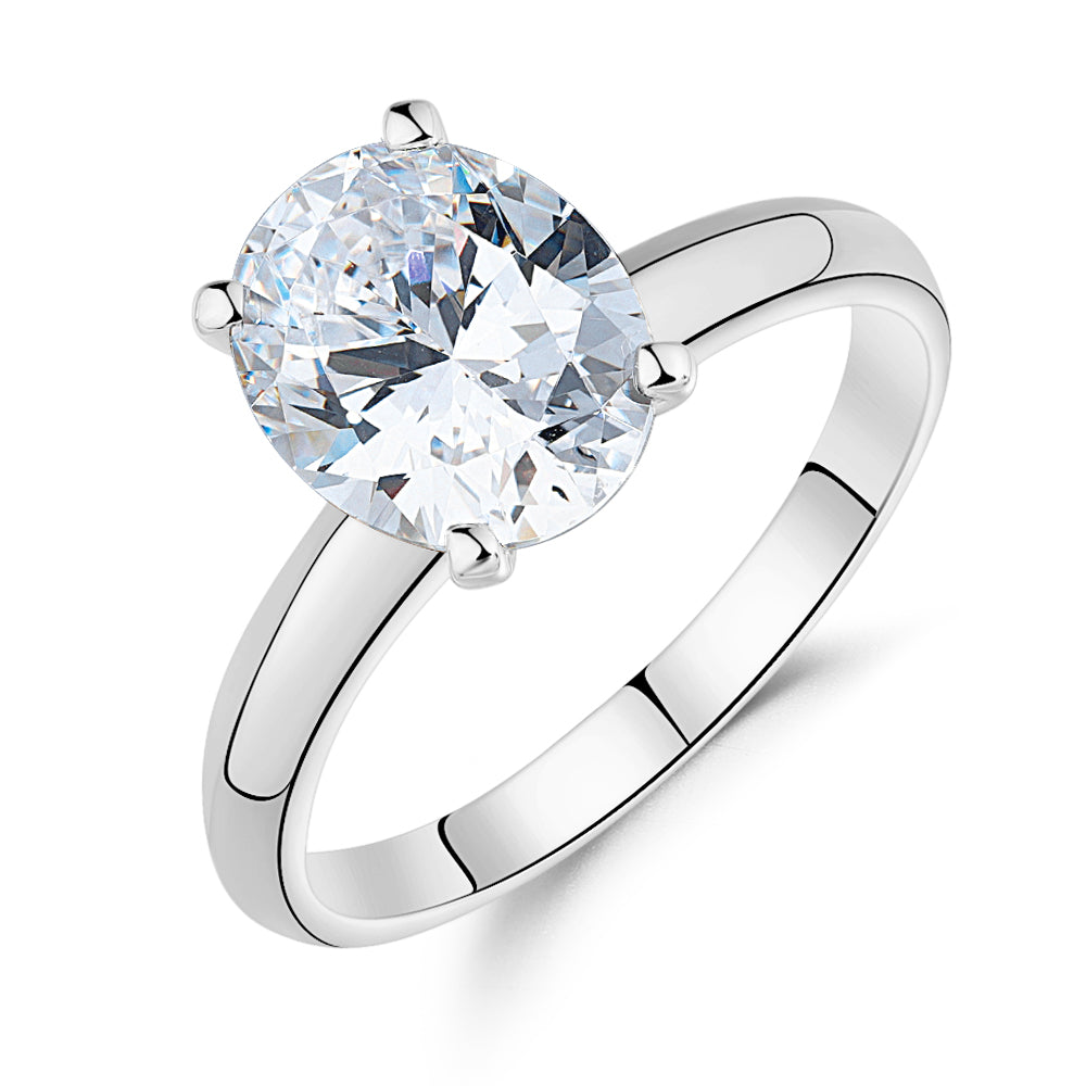 Oval solitaire engagement ring with 2.54 carat* diamond simulant in 14 carat white gold