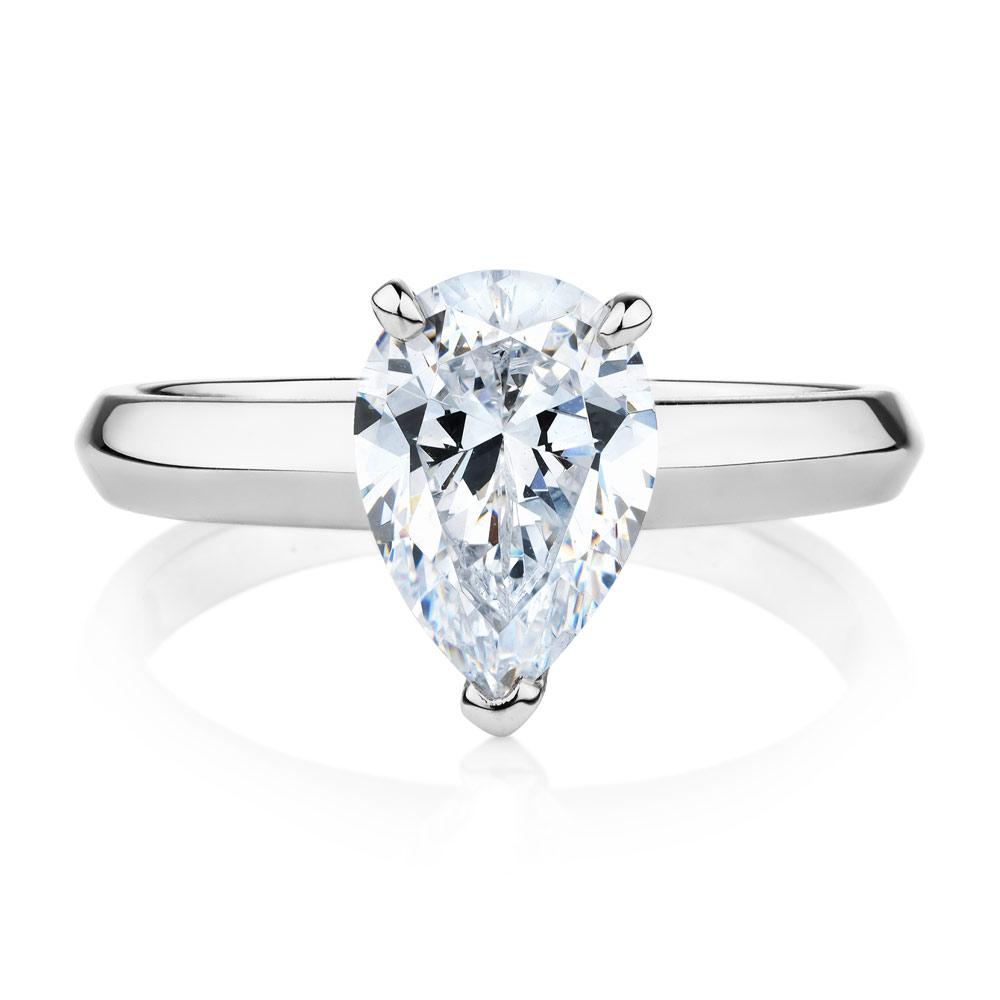Pear solitaire engagement ring with 1.8 carat* diamond simulant in 10 carat white gold