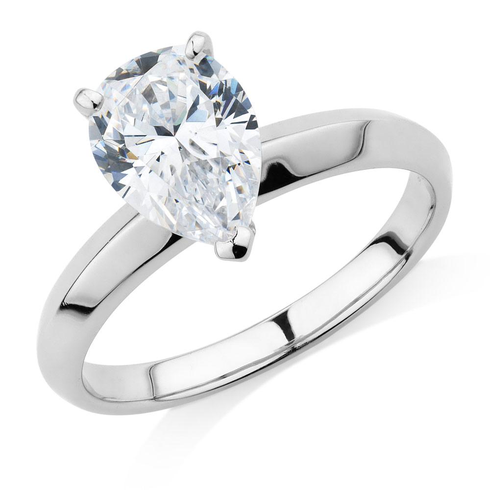 Pear solitaire engagement ring with 1.8 carat* diamond simulant in 10 carat white gold
