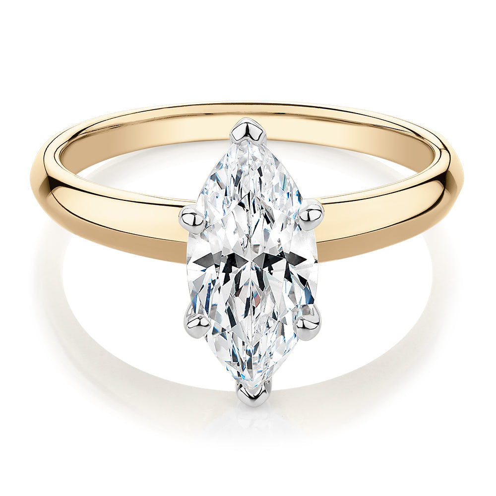 Marquise solitaire engagement ring with 1.62 carat* diamond simulant in 10 carat yellow and white gold