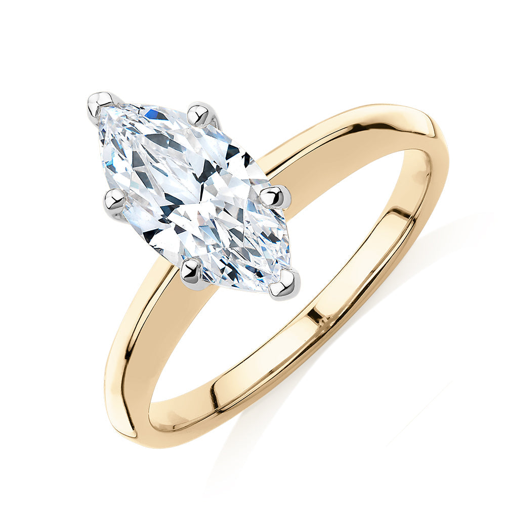Marquise solitaire engagement ring with 1.62 carat* diamond simulant in 10 carat yellow and white gold