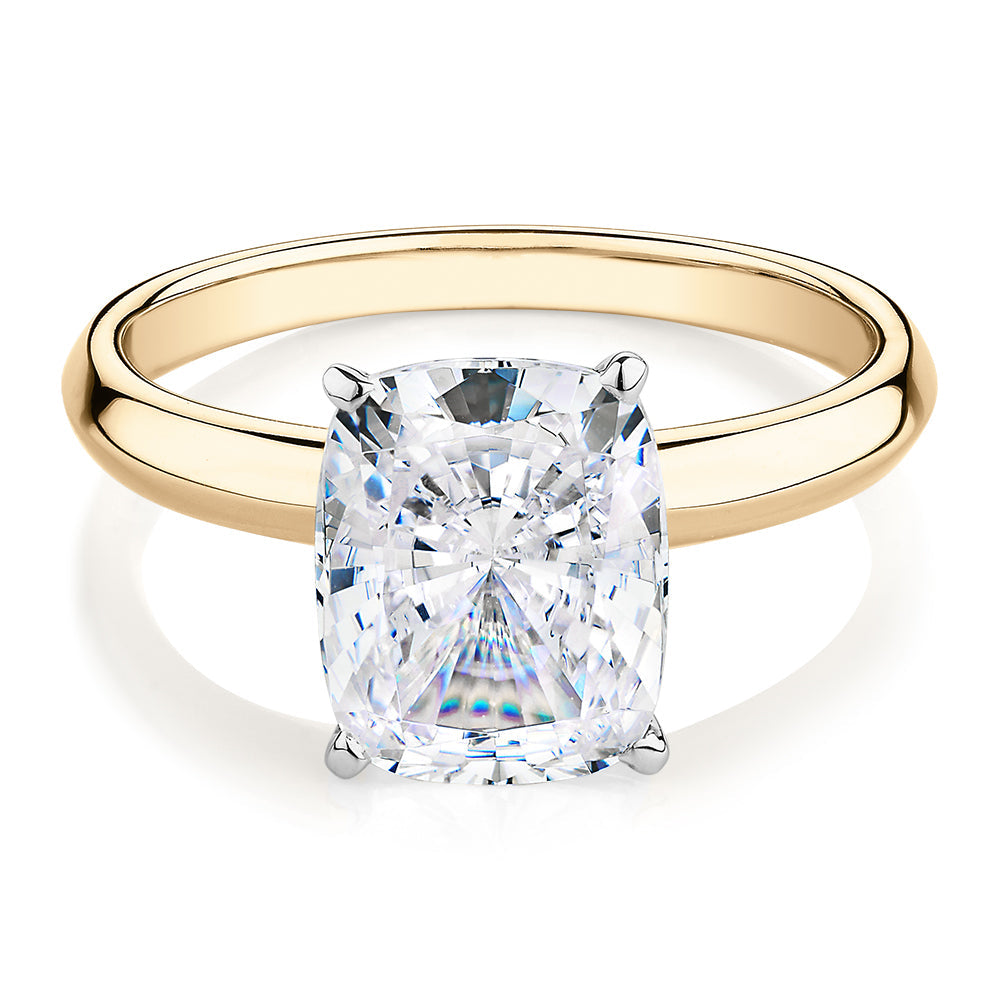 Cushion Radiant solitaire engagement ring with 3.00 carat* diamond simulant in 10 carat yellow and white gold