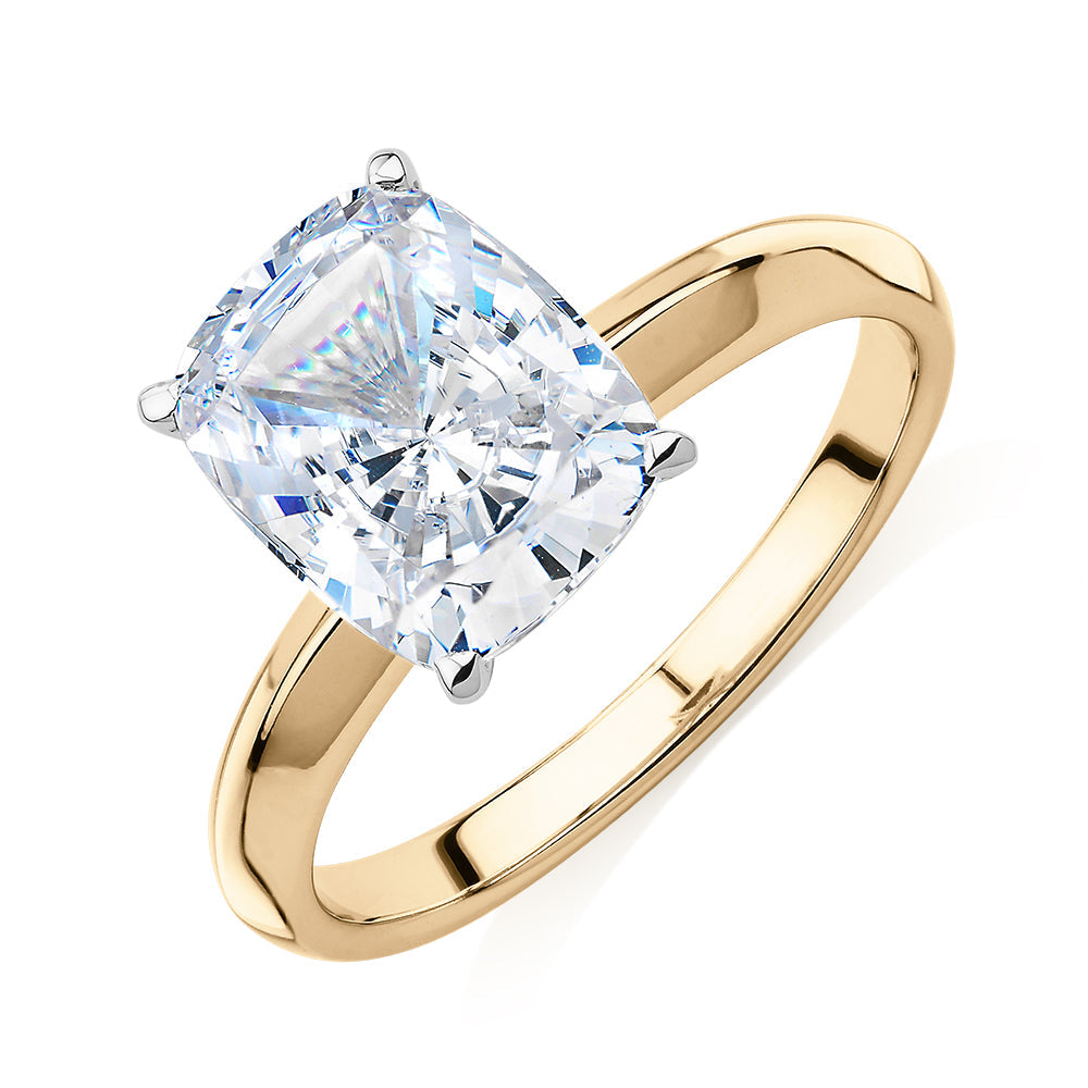 Cushion Radiant solitaire engagement ring with 3.00 carat* diamond simulant in 10 carat yellow and white gold