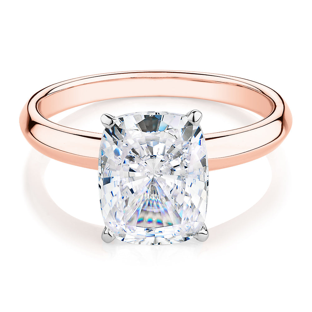 Cushion Radiant solitaire engagement ring with 3.00 carat* diamond simulant in 10 carat rose and white gold