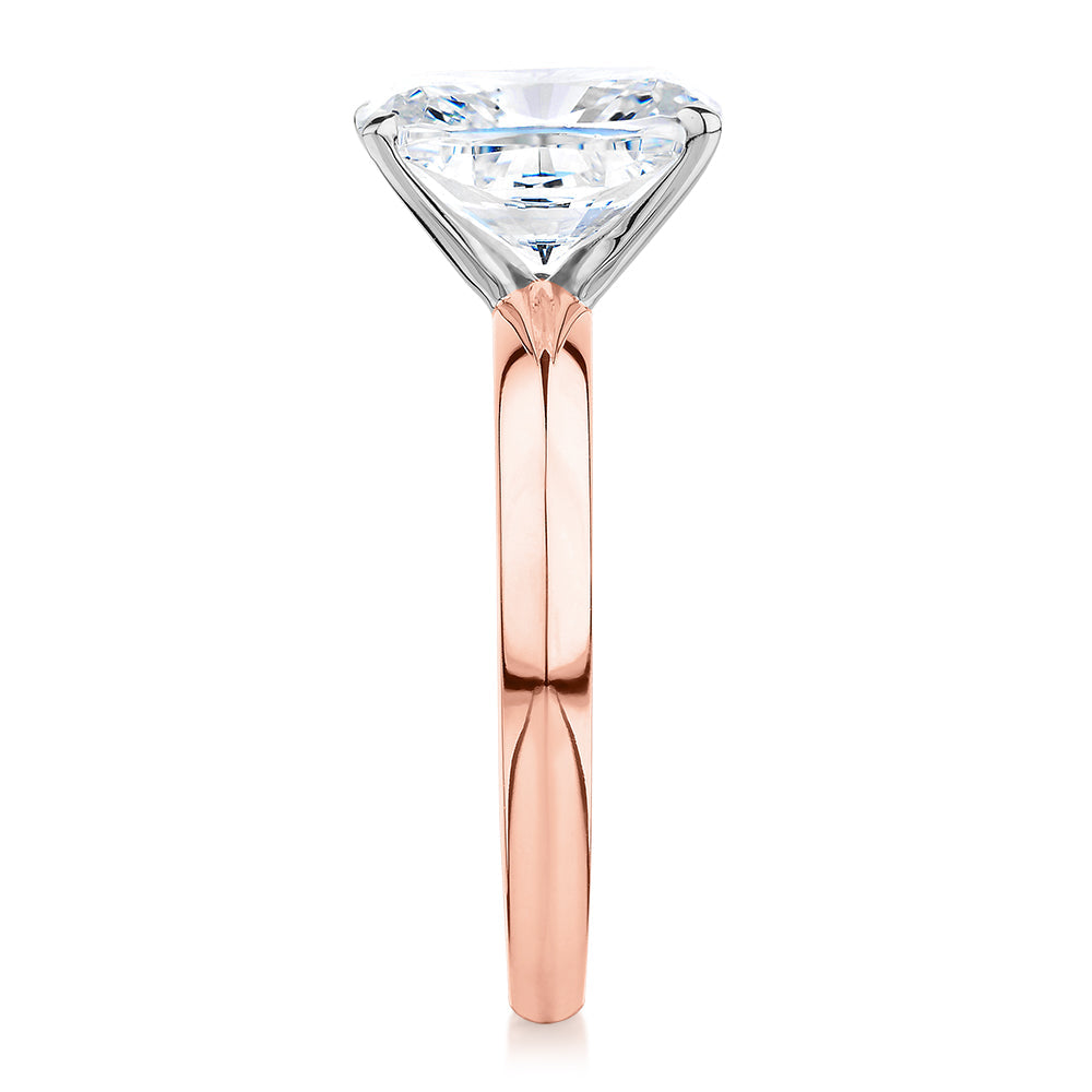 Cushion Radiant solitaire engagement ring with 3.00 carat* diamond simulant in 10 carat rose and white gold