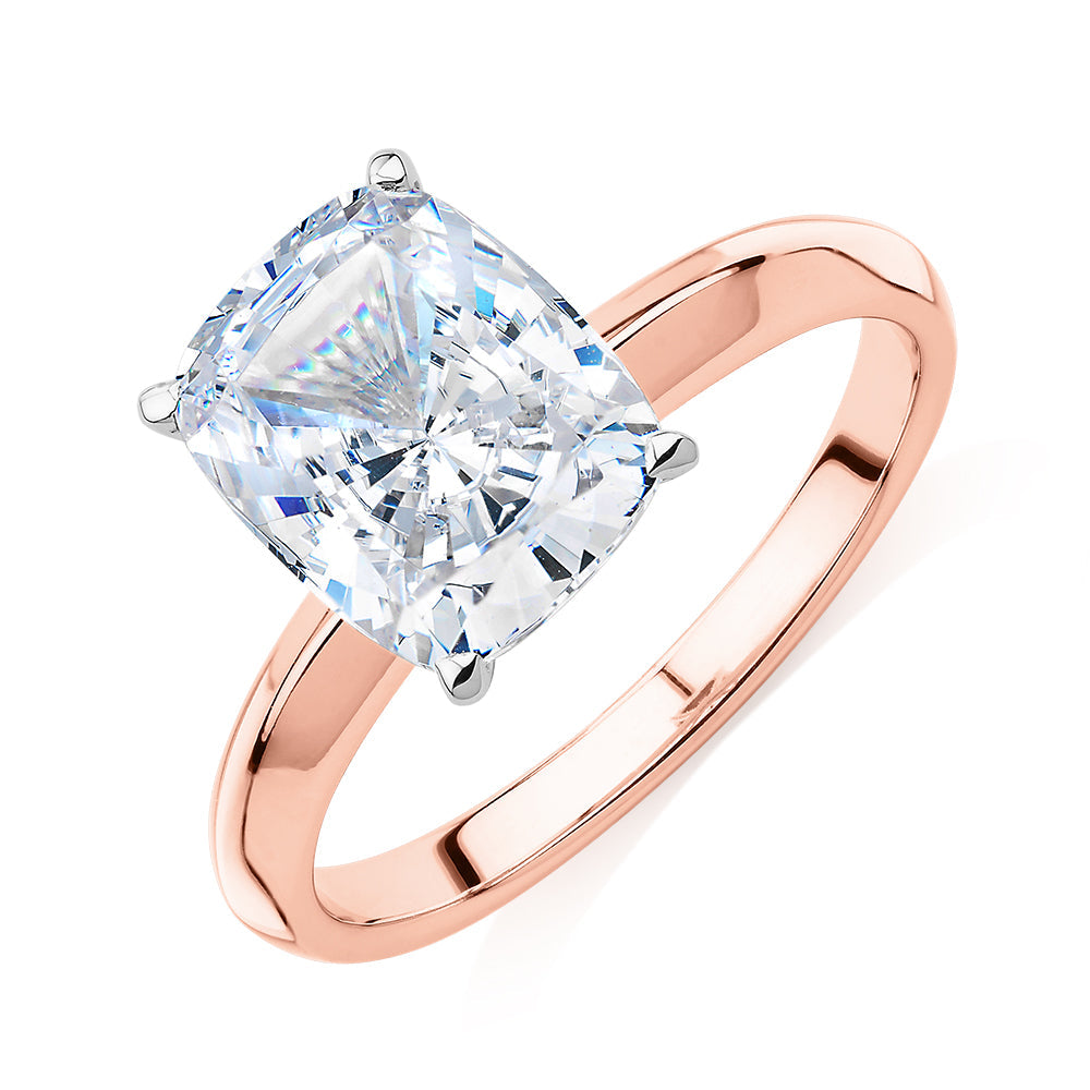 Cushion Radiant solitaire engagement ring with 3.00 carat* diamond simulant in 10 carat rose and white gold