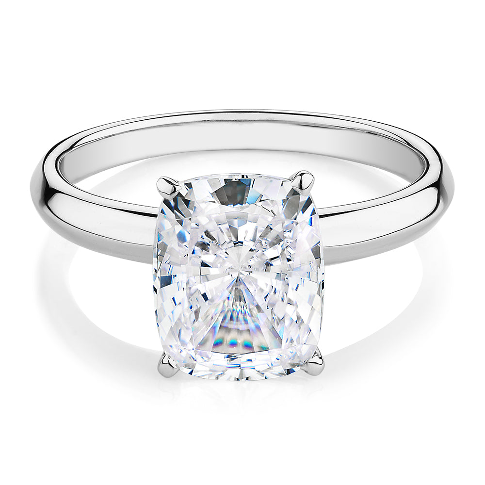 Cushion Radiant solitaire engagement ring with 3.00 carat* diamond simulant in 10 carat white gold