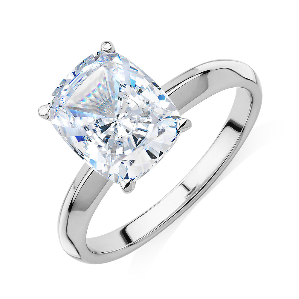 Cushion Radiant solitaire engagement ring with 3.00 carat* diamond simulant in 10 carat white gold