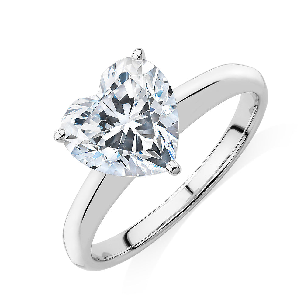 Heart solitaire engagement ring with 2.41 carat* diamond simulant in 14 carat white gold