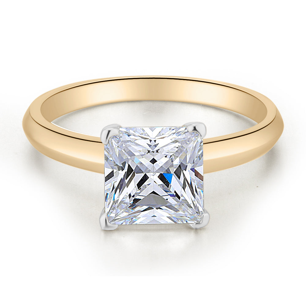 Princess solitaire engagement ring with 2.4 carat* diamond simulant in 10 carat yellow and white gold