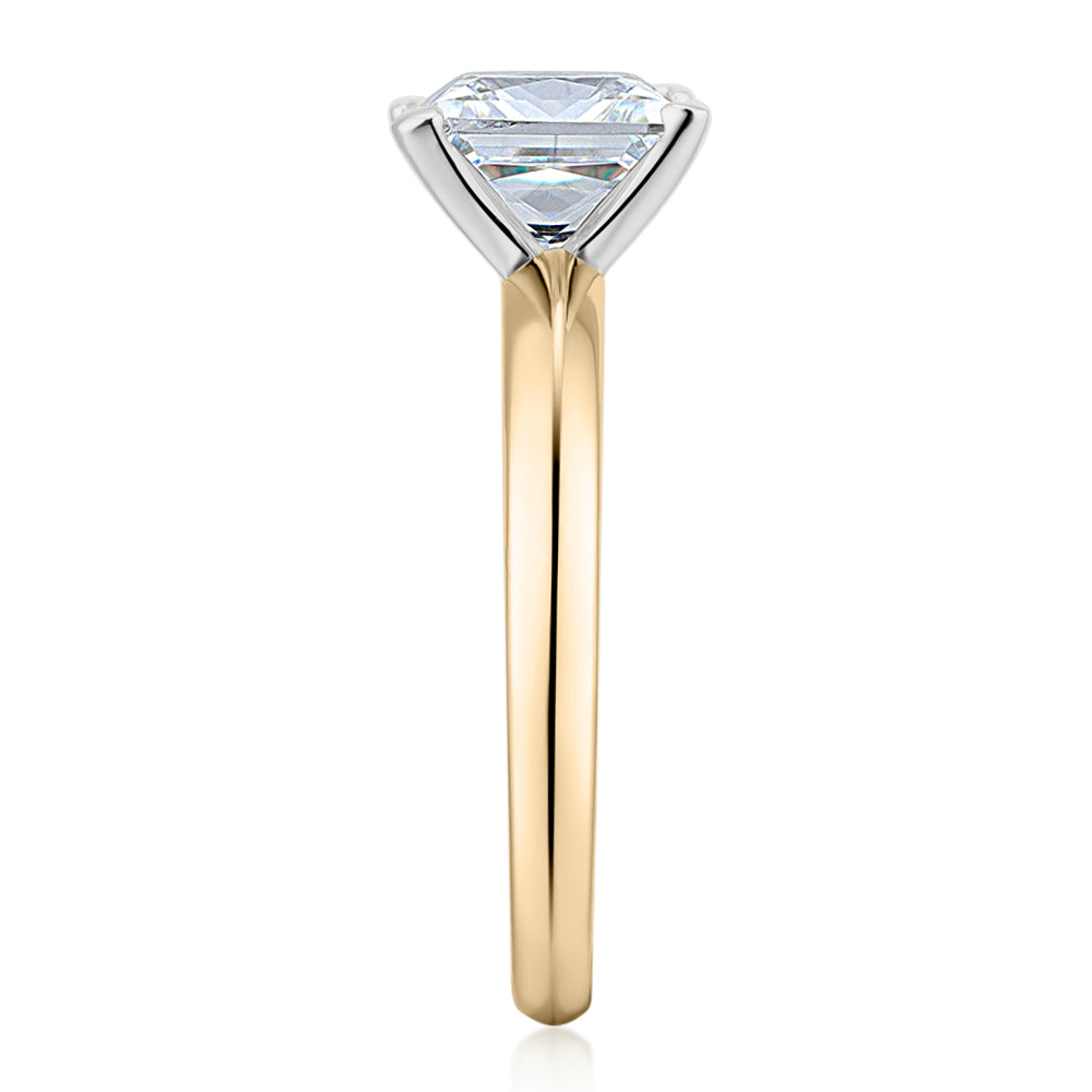 Princess solitaire engagement ring with 2.4 carat* diamond simulant in 10 carat yellow and white gold