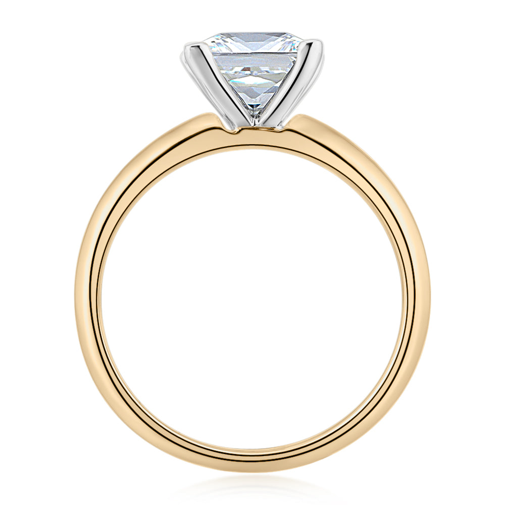 Princess solitaire engagement ring with 2.4 carat* diamond simulant in 10 carat yellow and white gold