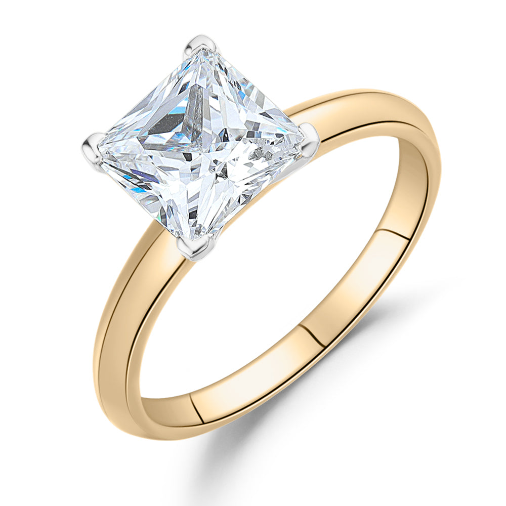 Princess solitaire engagement ring with 2.4 carat* diamond simulant in 10 carat yellow and white gold