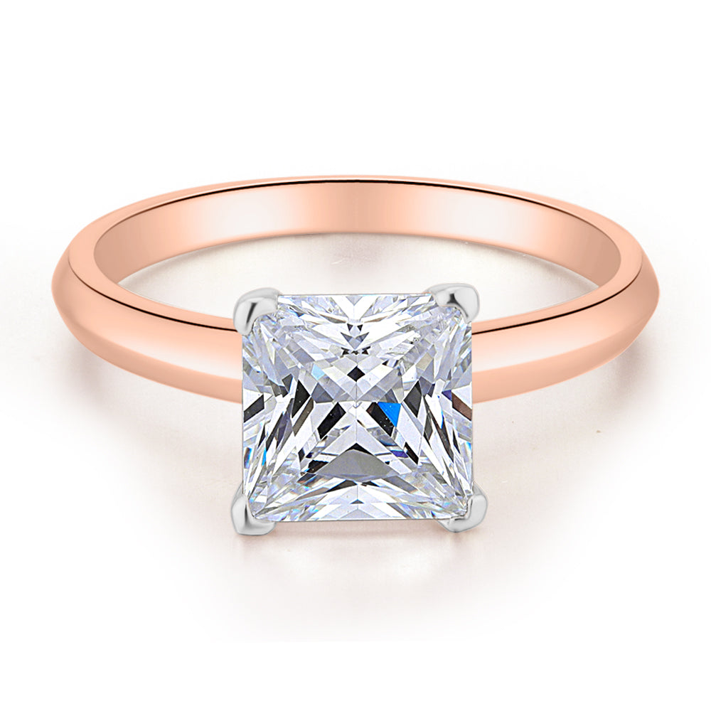 Princess solitaire engagement ring with 2.4 carat* diamond simulant in 10 carat rose and white gold