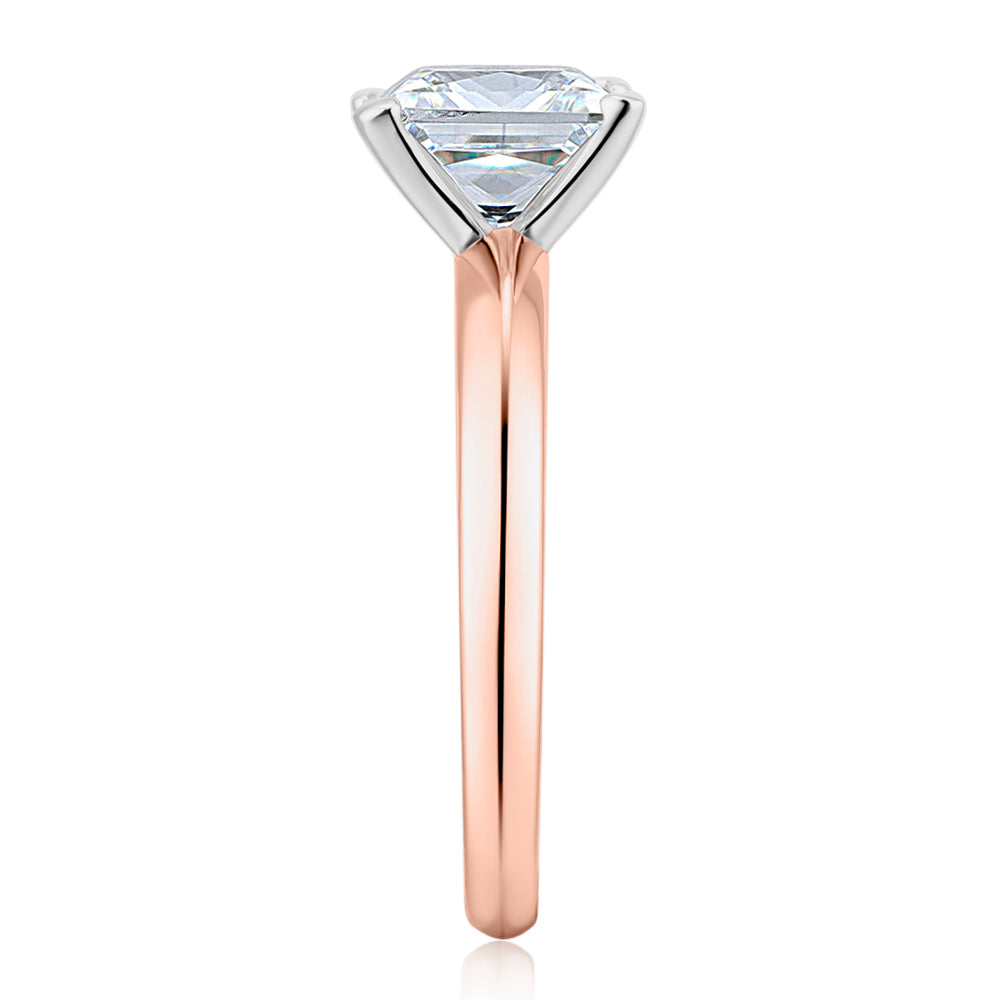 Princess solitaire engagement ring with 2.4 carat* diamond simulant in 10 carat rose and white gold