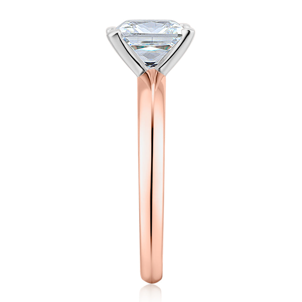 Princess solitaire engagement ring with 2.4 carat* diamond simulant in 10 carat rose and white gold
