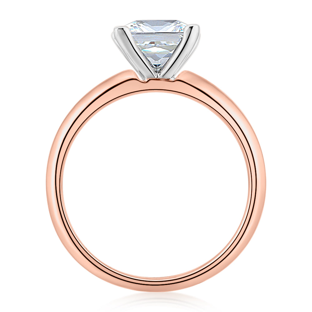 Princess solitaire engagement ring with 2.4 carat* diamond simulant in 10 carat rose and white gold