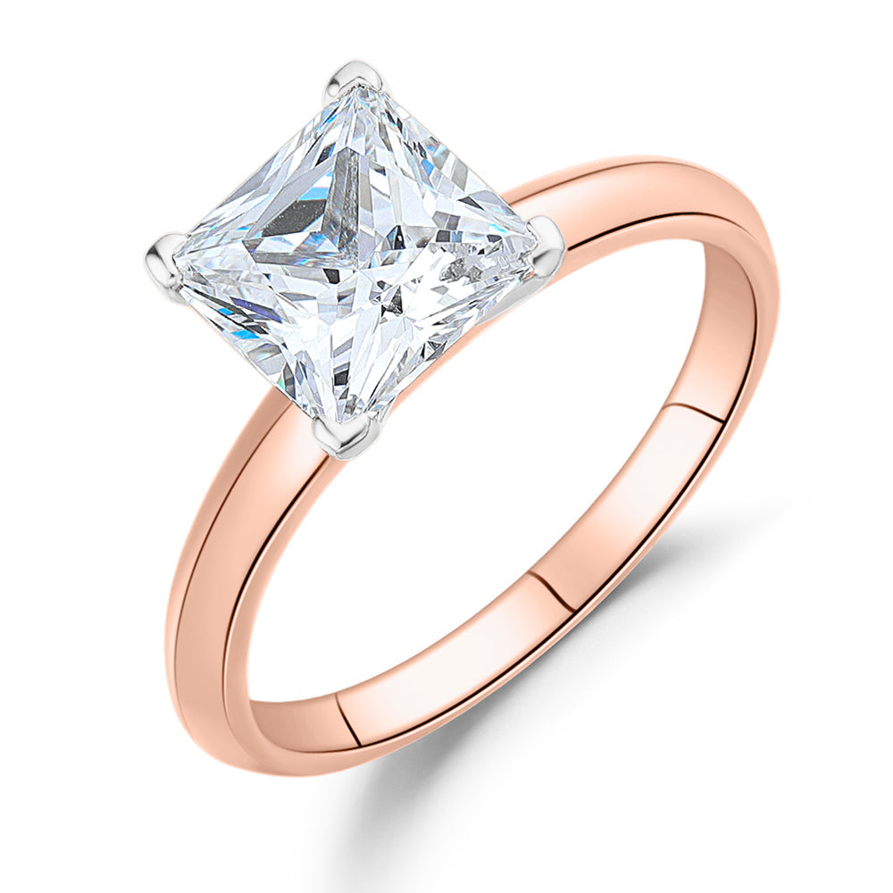 Princess solitaire engagement ring with 2.4 carat* diamond simulant in 10 carat rose and white gold