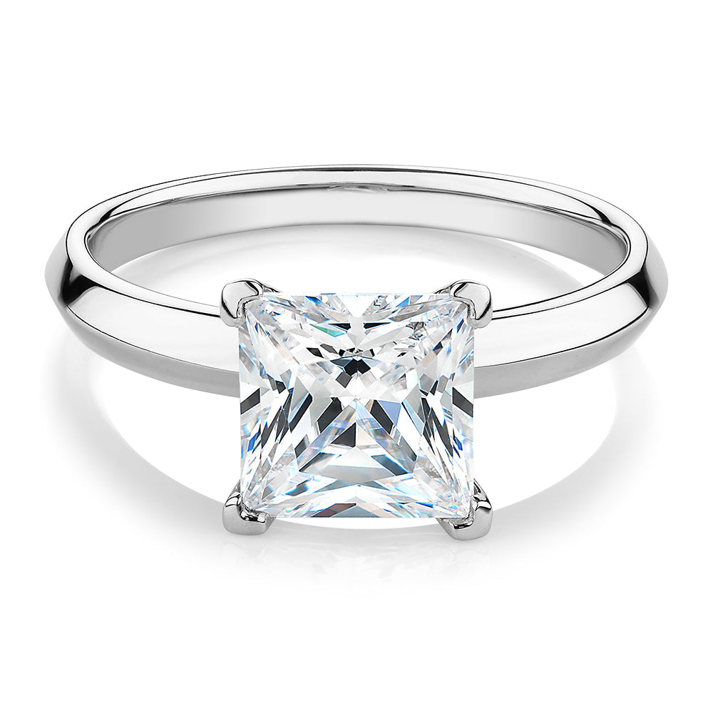 Princess solitaire engagement ring with 2.4 carat* diamond simulant in 10 carat white gold