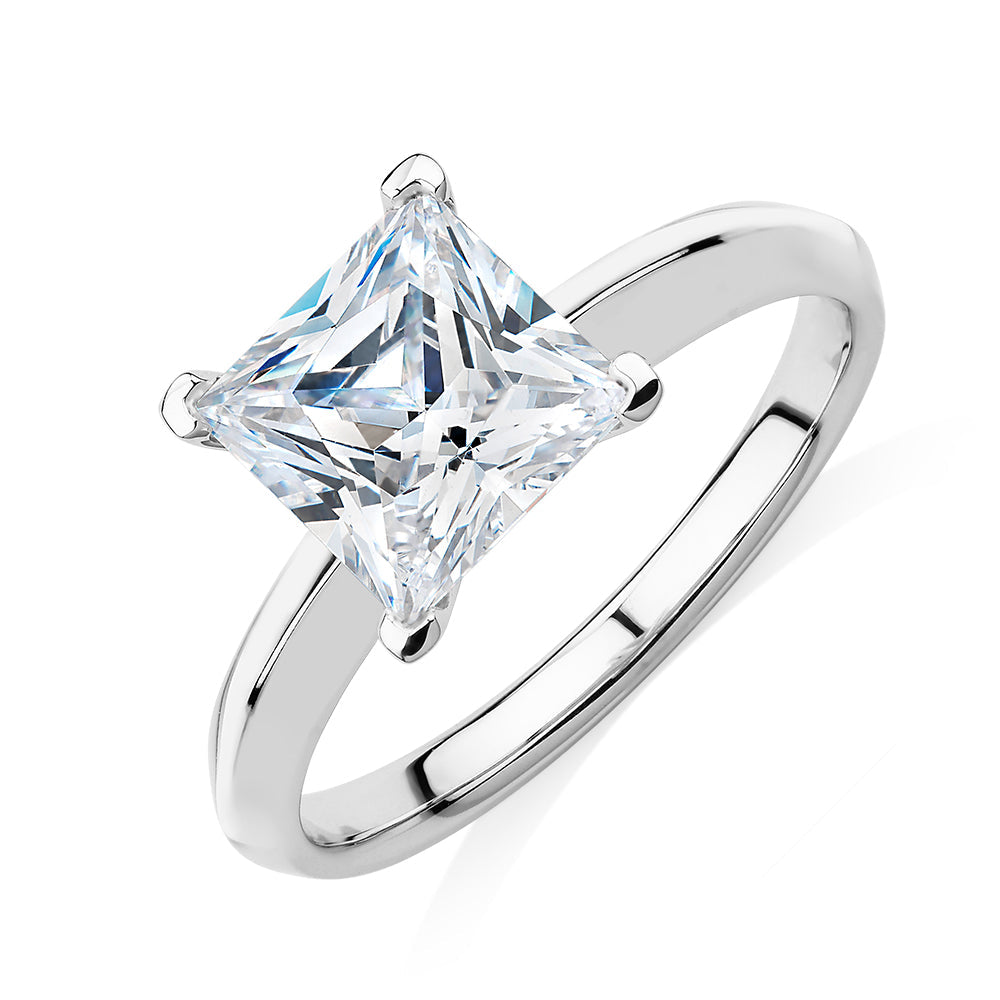 Princess solitaire engagement ring with 2.4 carat* diamond simulant in 10 carat white gold