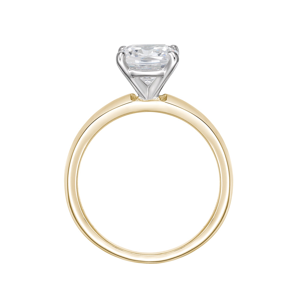 Cushion solitaire engagement ring with 2 carat* diamond simulant in 10 carat yellow and white gold