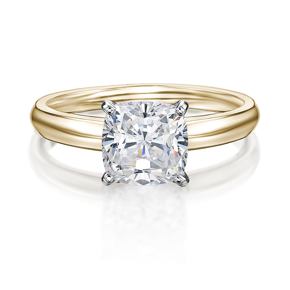 Cushion solitaire engagement ring with 2 carat* diamond simulant in 10 carat yellow and white gold
