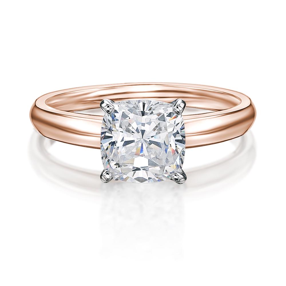 Cushion solitaire engagement ring with 2 carat* diamond simulant in 10 carat rose and white gold