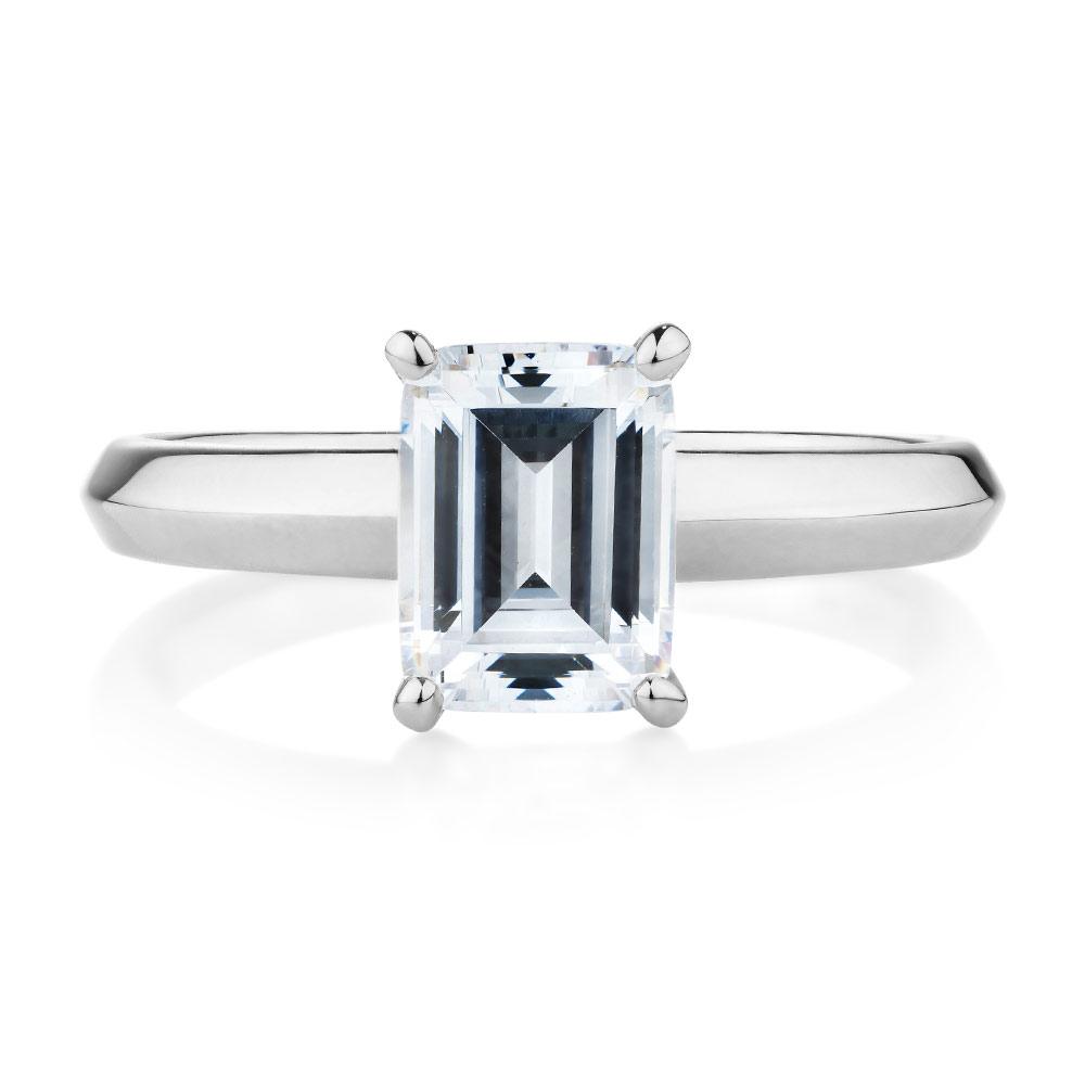Emerald Cut solitaire engagement ring with 2.17 carat* diamond simulant in 10 carat white gold