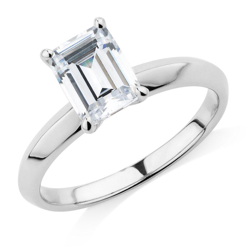 Emerald Cut solitaire engagement ring with 2.17 carat* diamond simulant in 10 carat white gold