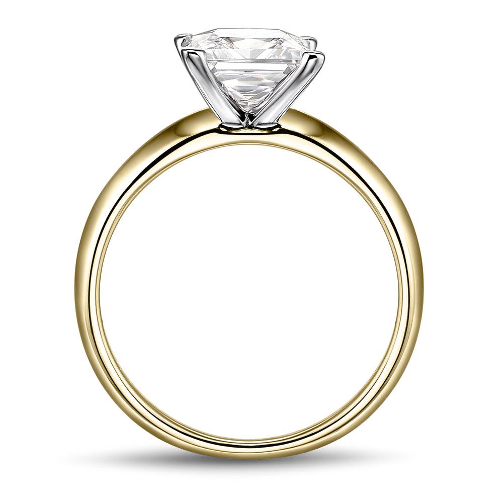Asscher solitaire engagement ring with 2.4 carat* diamond simulant in 10 carat yellow and white gold