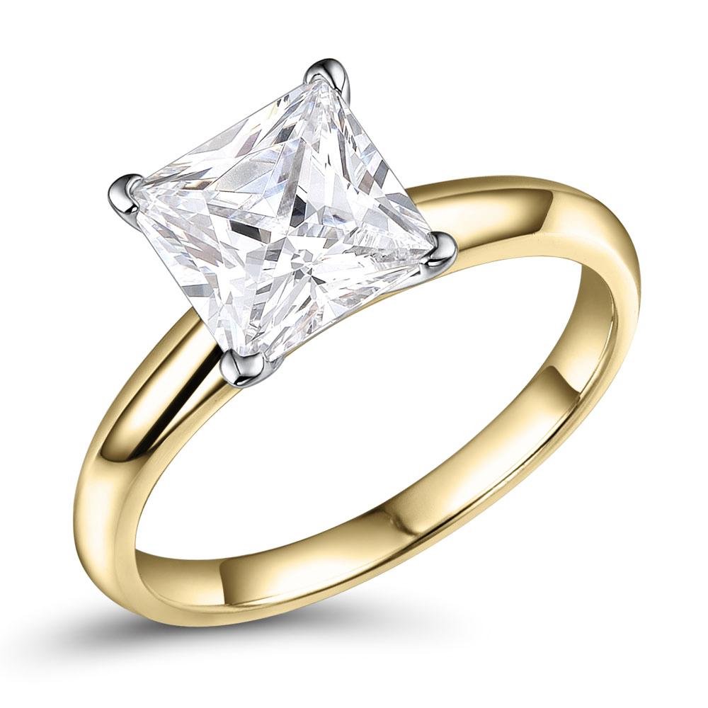 Asscher solitaire engagement ring with 2.4 carat* diamond simulant in 10 carat yellow and white gold