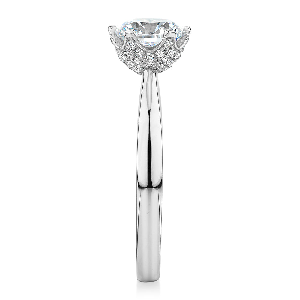Round Brilliant solitaire engagement ring with 1.16 carats* of diamond simulants in 14 carat white gold