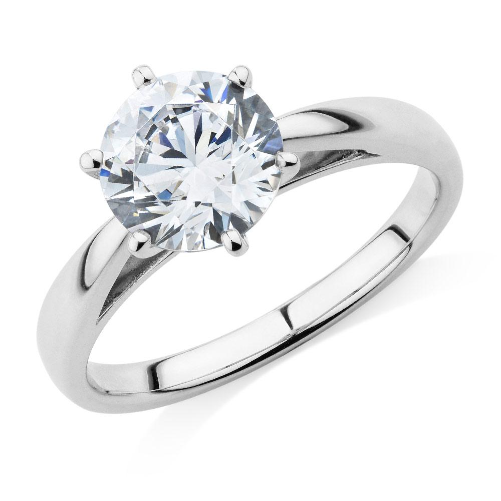 Round Brilliant solitaire engagement ring with 2.04 carat* diamond simulant in 14 carat white gold